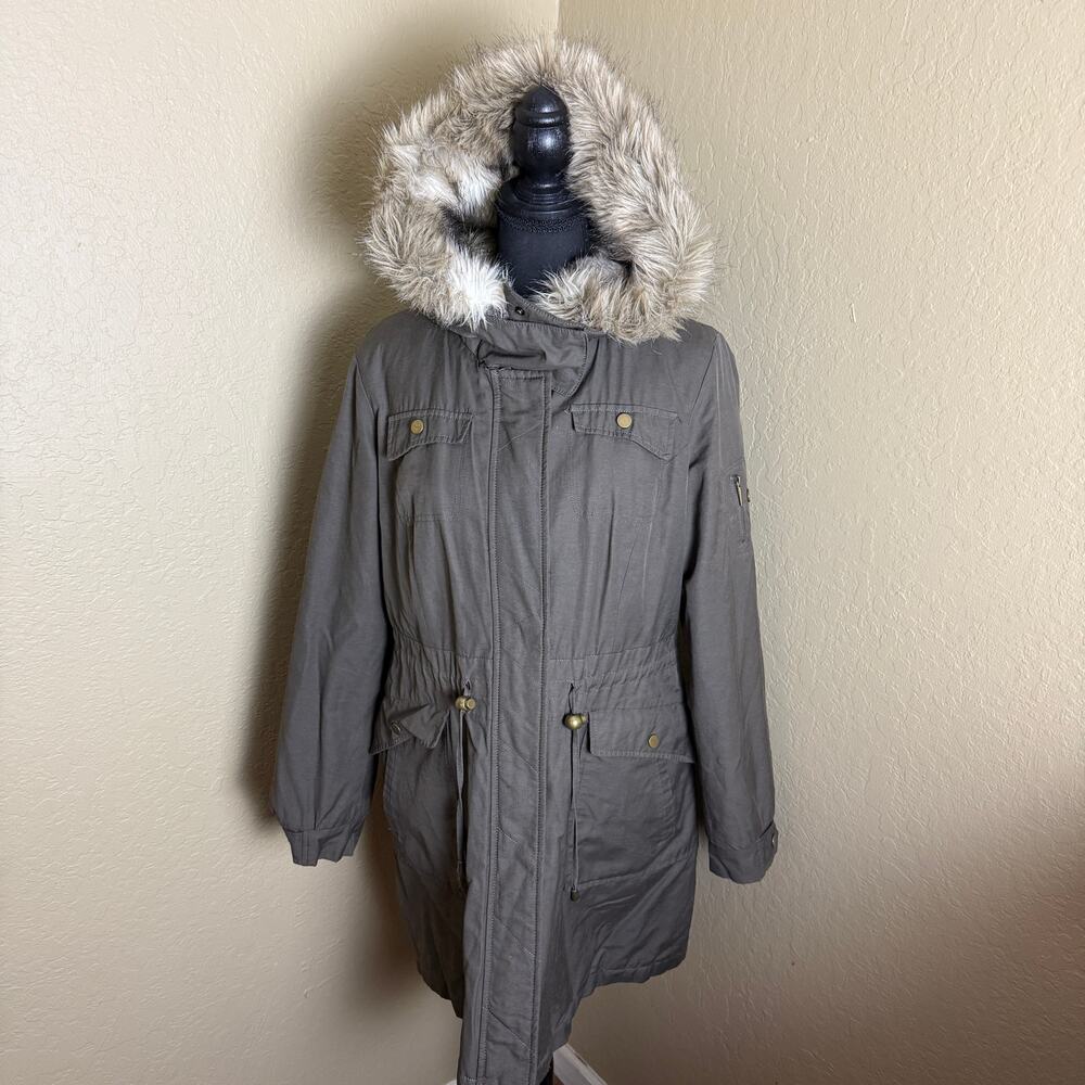 Laundry by Design Women's L Gray Cotton Blend Faux Fur Lined Hooded Parka Coat